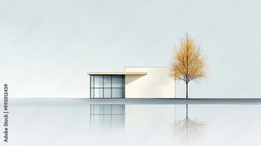 Poster a minimalist modern business building with a large window and a tree, reflecting in a tranquil water