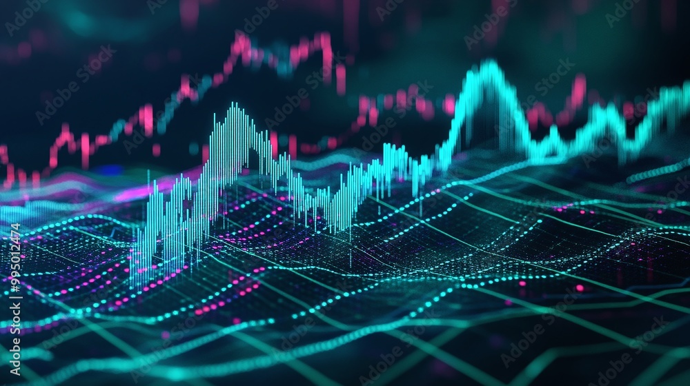 Poster abstract digital graphic showcasing a colorful data visualization trend analysis.