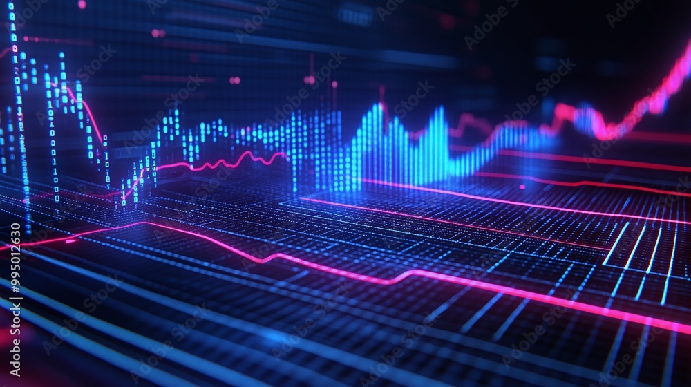 Poster abstract digital graphs and charts displaying data trends in vibrant colors.