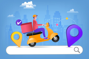 Searching for and tracking a local delivery service online. A courier on a scooter travels on a search bar, following the route from a pickup point to the final destination pin.