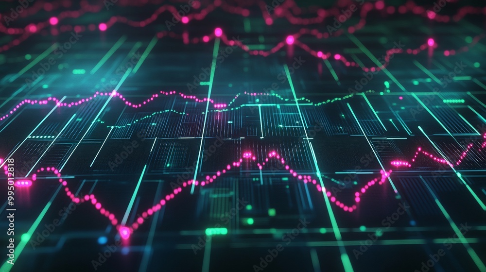 Poster abstract digital interface with data visualization in vibrant colors and glowing elements.