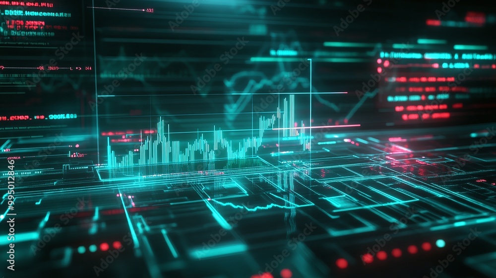 Poster abstract digital interface with dynamic graphs and glowing elements against a dark background.