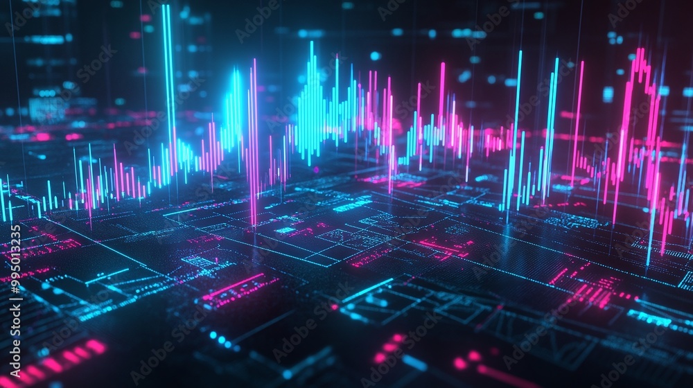 Poster abstract digital landscape with colorful data visualizations and neon light effects, ideal for tech 