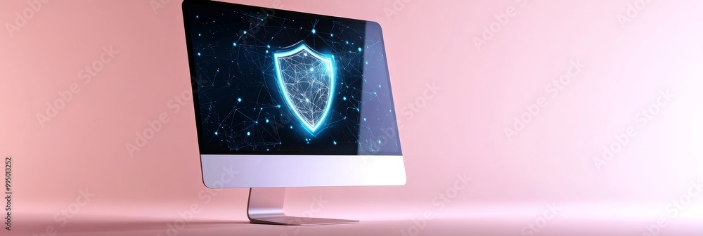 Poster a modern computer monitor displays a glowing shield symbolizing cybersecurity, representing data pro