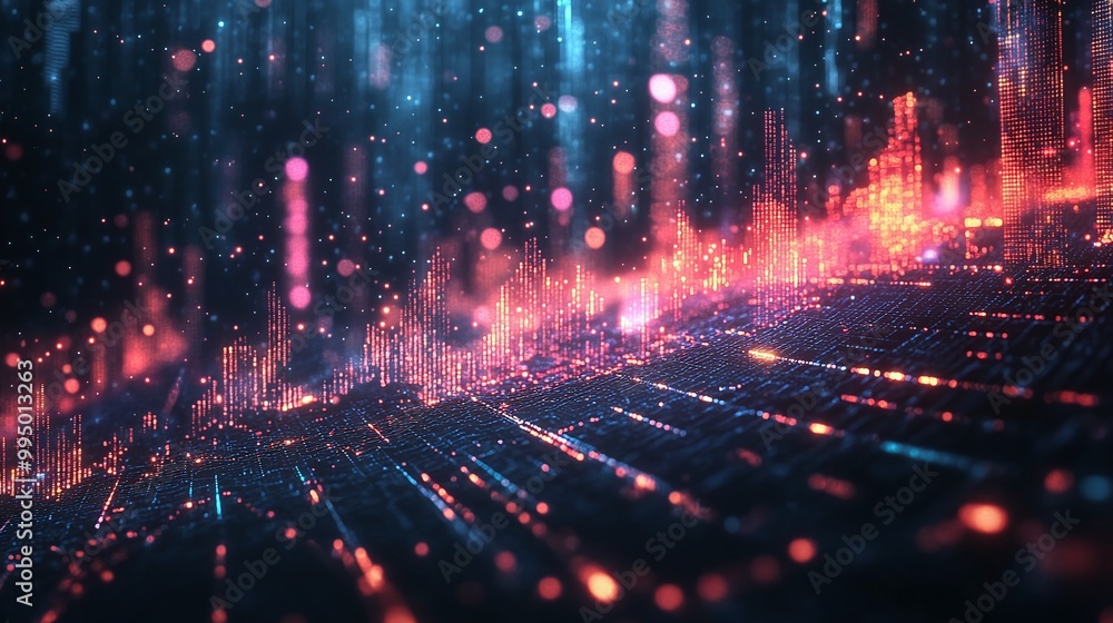 Poster abstract digital landscape with colorful glowing lines and dots in a futuristic style.