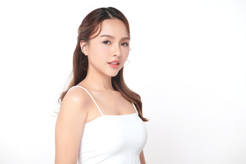 Beautiful young asian woman with clean fresh skin on white background, Face care, Facial treatment, Cosmetology, beauty and spa, Asian women portrait.