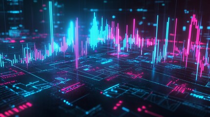 Abstract digital landscape with colorful data visualizations and neon light effects, ideal for tech and data presentations.