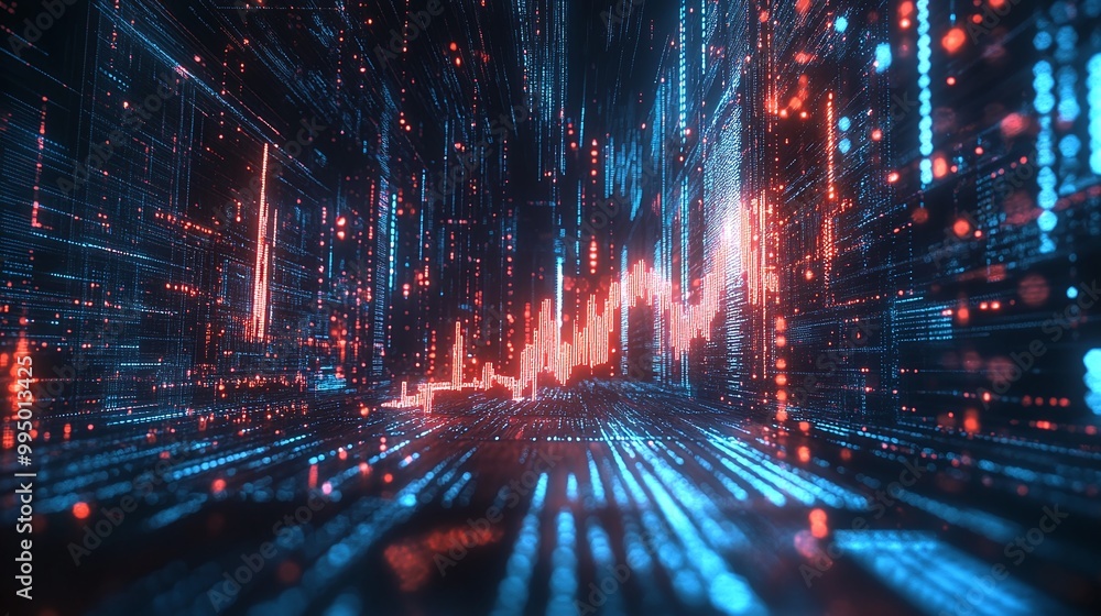 Poster abstract digital landscape with glowing data streams and graphs, representing modern technology and 
