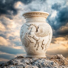 Greek ancient jar with Pegasus engravings, perched on a rocky outcrop, stormy sky