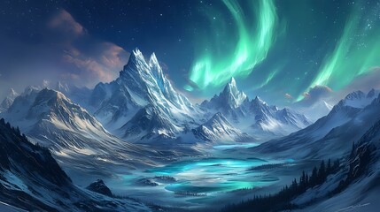 Obraz premium Snow-capped peaks loom over a vast tundra dotted with icy lakes and sparse trees as the northern lights swirl in the sky creating an ethereal glow