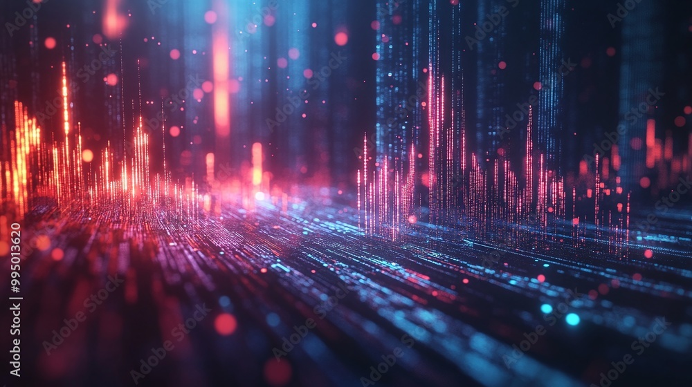 Poster abstract digital landscape with glowing lines and pulsating colors, representing data flow and moder