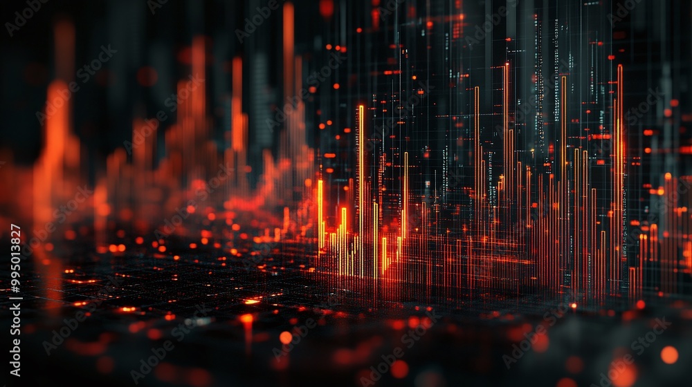 Poster abstract digital landscape with vibrant colors and glowing patterns resembling sound waves and data 
