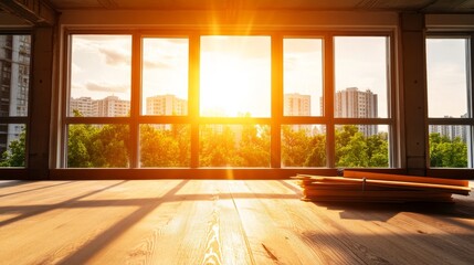 A modern office space under renovation, showcasing large windows that allow sunlight to flood the room, creating a bright and airy atmosphere. The wooden floor adds warmth and the view of the city bey