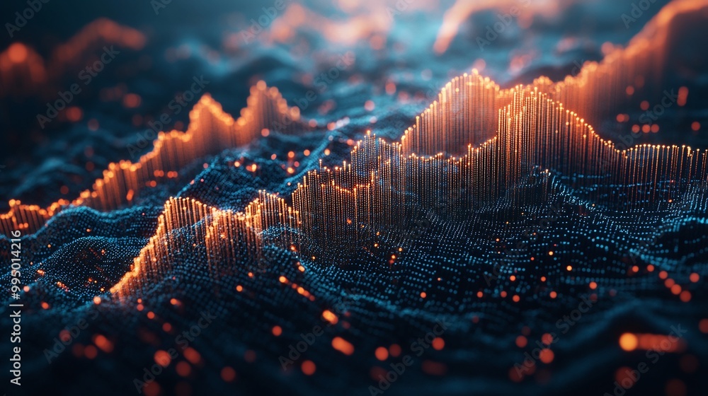 Poster abstract digital landscape with vibrant waves and glowing patterns, symbolizing data visualization a