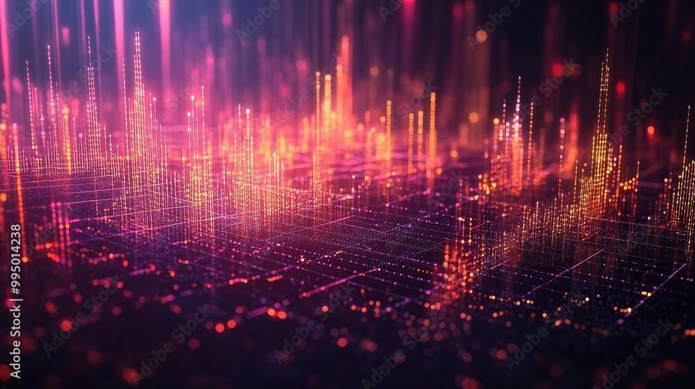 Poster abstract digital network visualization with colorful lines and dots on a dark background.