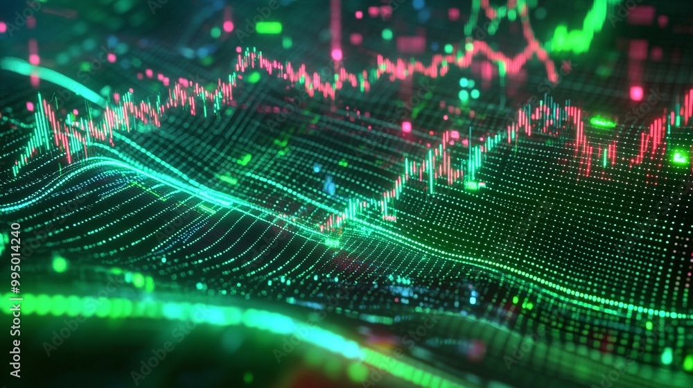 Poster abstract digital representation of financial data with colorful graphs and charts on a dark backgrou