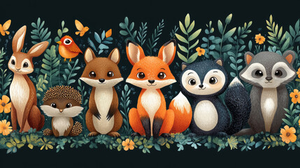 Cute woodland animals gather in the forest.