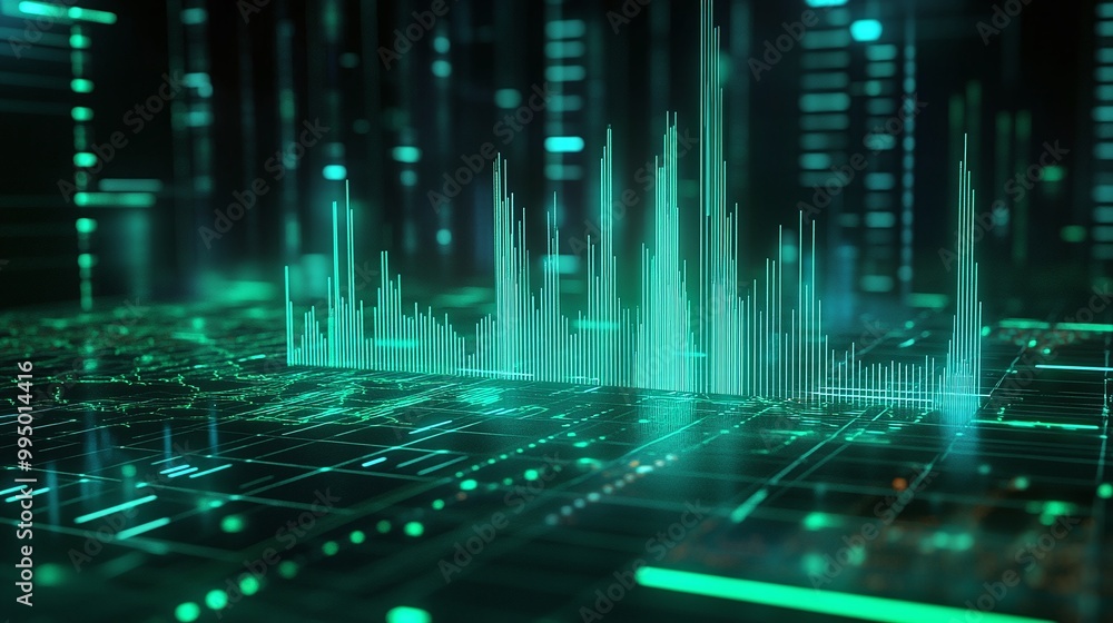 Poster abstract digital sound wave representation with glowing green elements on a futuristic grid backgrou