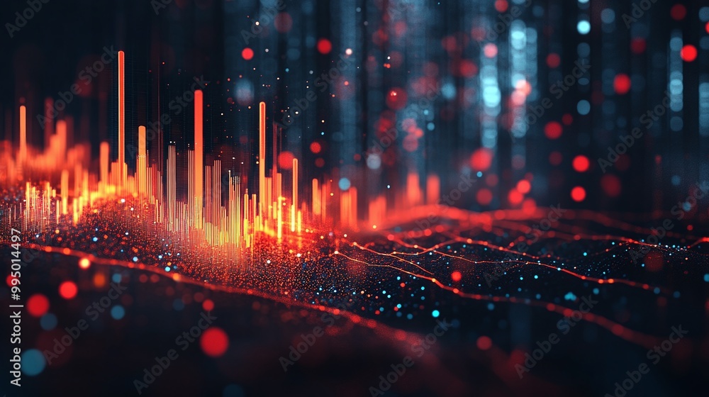 Poster abstract digital sound wave representation with vibrant colors and dynamic patterns on a dark backgr