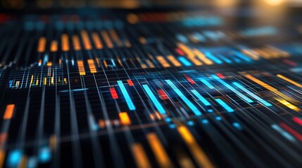 A vibrant representation of data visualization with colorful bars and lines overlaying a dark background, showcasing dynamic information.