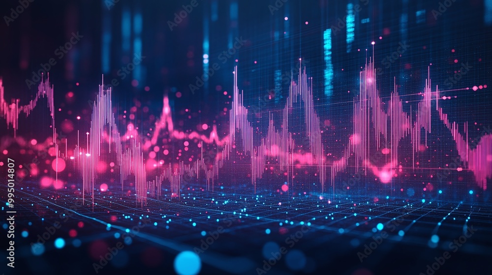 Poster abstract digital sound wave with vibrant pink and blue colors on a dark background representing data