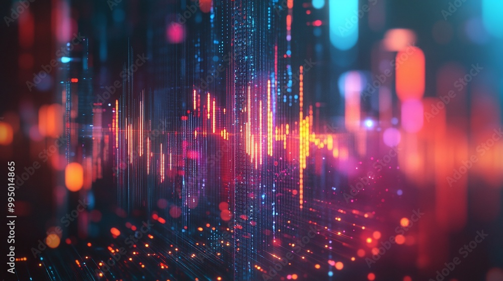Poster abstract digital sound waves in vibrant colors, showcasing data visualization effects in a futuristi