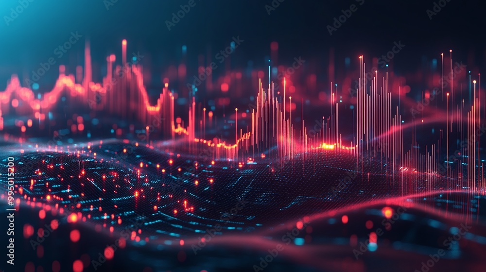 Poster abstract digital sound waves with vibrant colors and flowing patterns over a dark background.