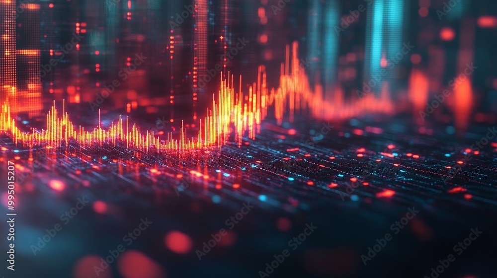 Poster abstract digital soundwave visualization with vibrant colors and dynamic movement.