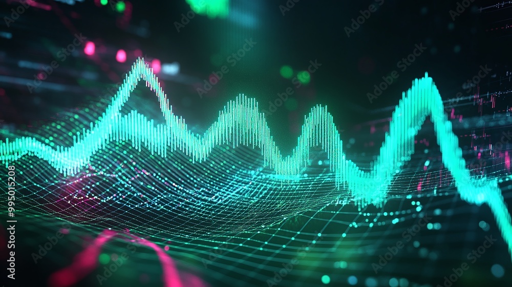 Poster abstract digital soundwave pattern with vibrant colors, illustrating data visualization and audio an