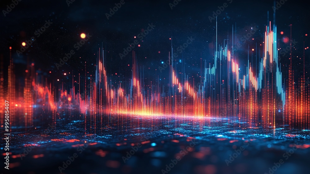 Poster abstract digital soundwaves in vibrant colors, representing audio data visualization.