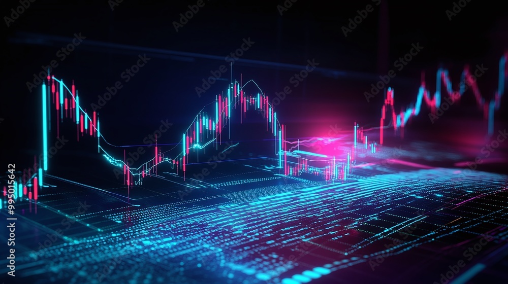Poster abstract digital stock market chart with vibrant neon colors and data points on a dark background.