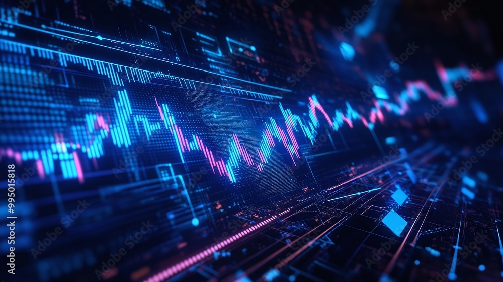 Poster abstract digital stock market chart with vibrant network lines and glowing colors.