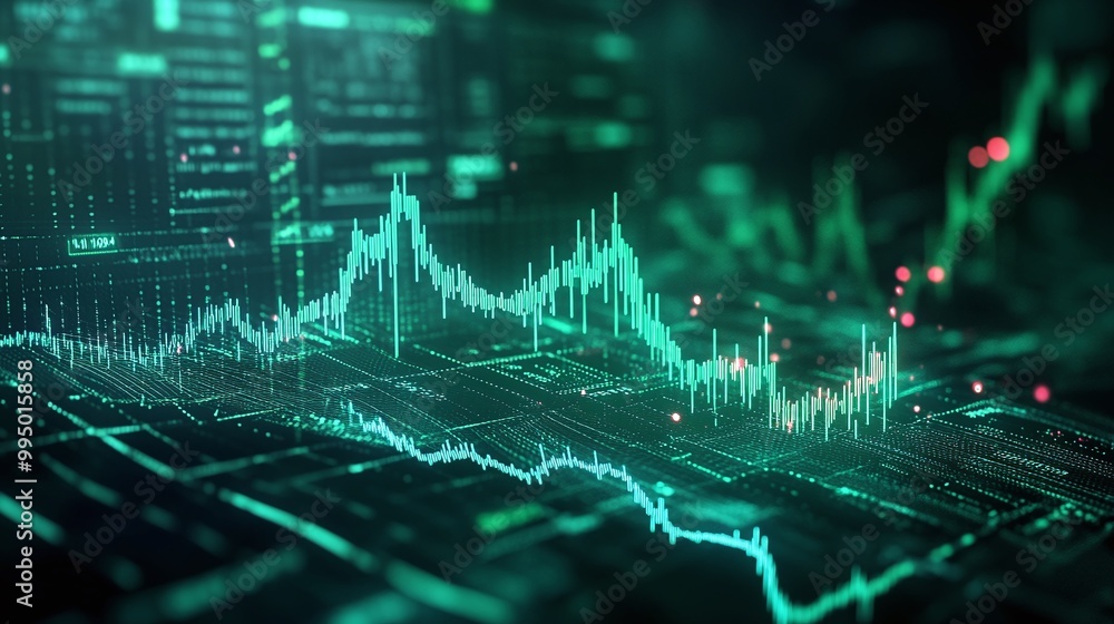 Poster abstract digital stock market data visualization, showcasing dynamic graphs and trends.
