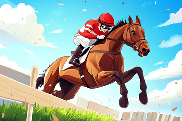 A jockey riding a horse over a fence in a vibrant, animated scene.