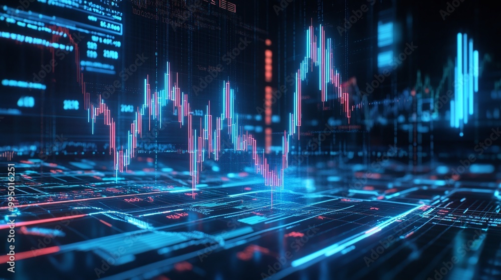 Poster abstract digital stock market graph displaying fluctuating data trends on a futuristic grid.