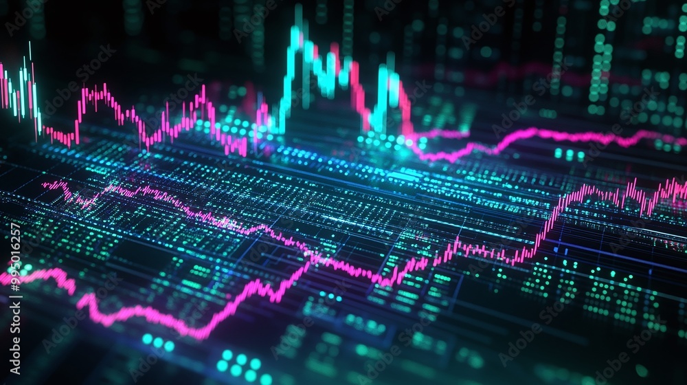 Poster abstract digital stock market data with vibrant graphical representation of fluctuating charts and l