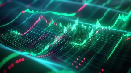 Obraz premium Abstract digital stock market graph displaying fluctuating statistics on a glowing background.