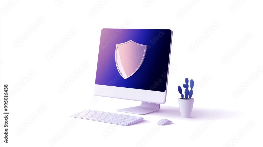 Poster a pink computer screen displays a shield symbolizing robust cybersecurity protection, emphasizing th