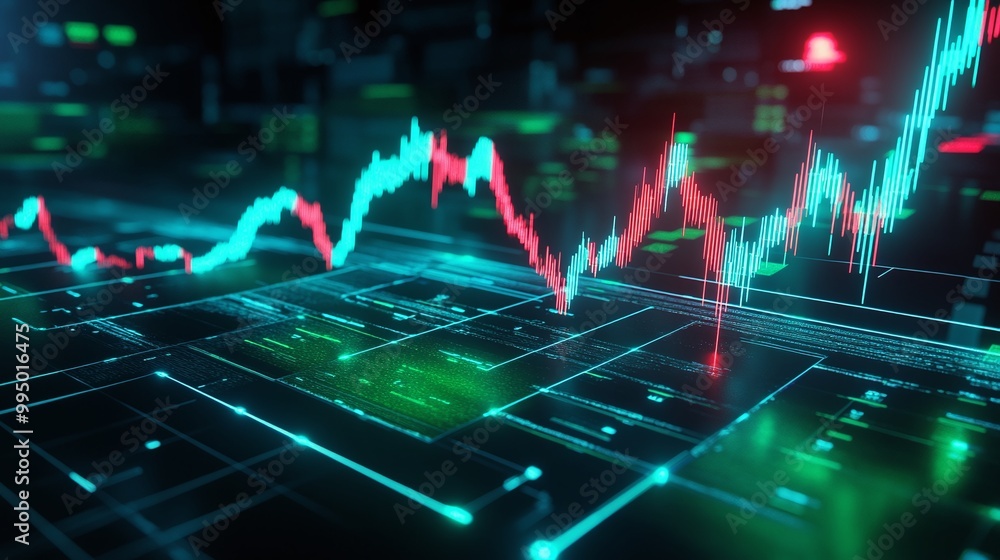 Poster abstract digital stock market graph with glowing lines and data points on a dark background.