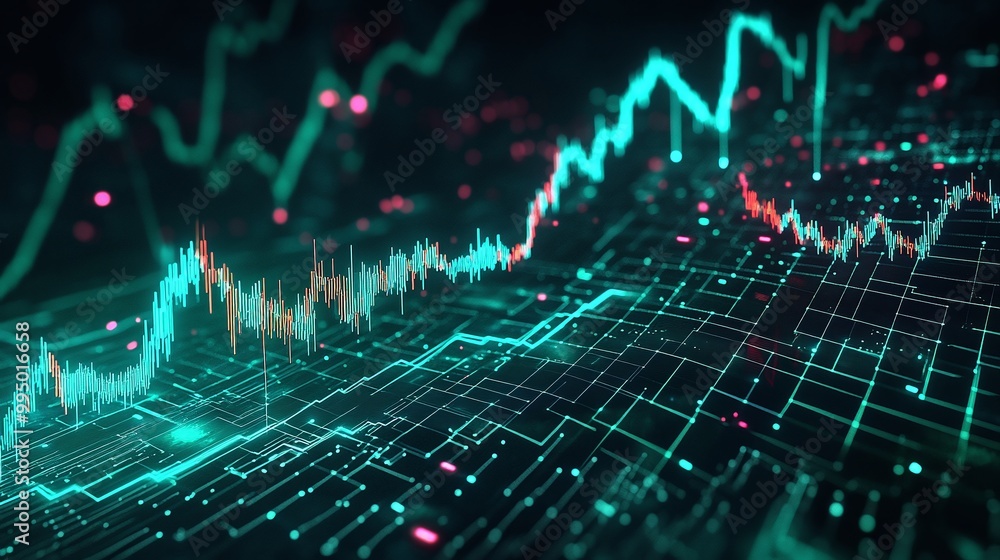 Poster abstract digital stock market visualization with dynamic graphs and glowing data points.