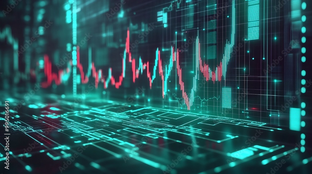 Poster abstract digital technology background with data charts and graphs in vibrant colors.