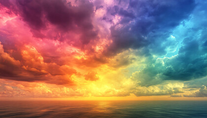 Fototapeta premium A dreamy sky transitioning from a golden sunset to a full spectrum of rainbow colors, giving off a vibrant yet calming feel