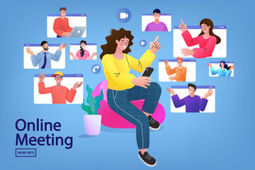 Online meeting and remote work concept. A woman leads a video conference from her comfortable home office, collaborating with a team of colleagues. For work from home and flexible job lifestyles.