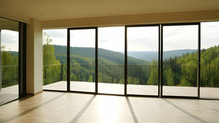 Fototapeta premium Terrace with a peaceful forest view, sunlight streaming through large panoramic windows. Perfect for showcasing travel or relaxation concepts.