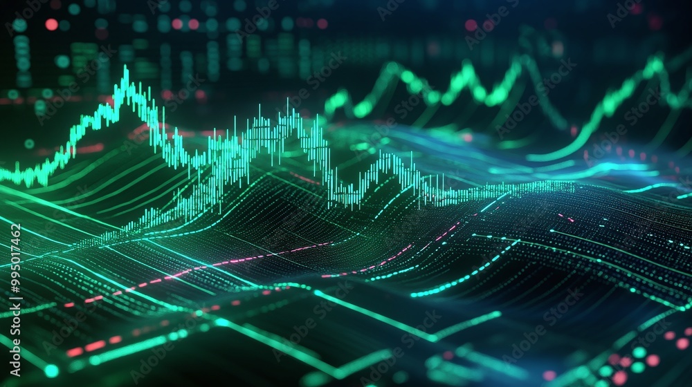 Poster abstract digital visualization of data, featuring dynamic green lines and graphs representing trends