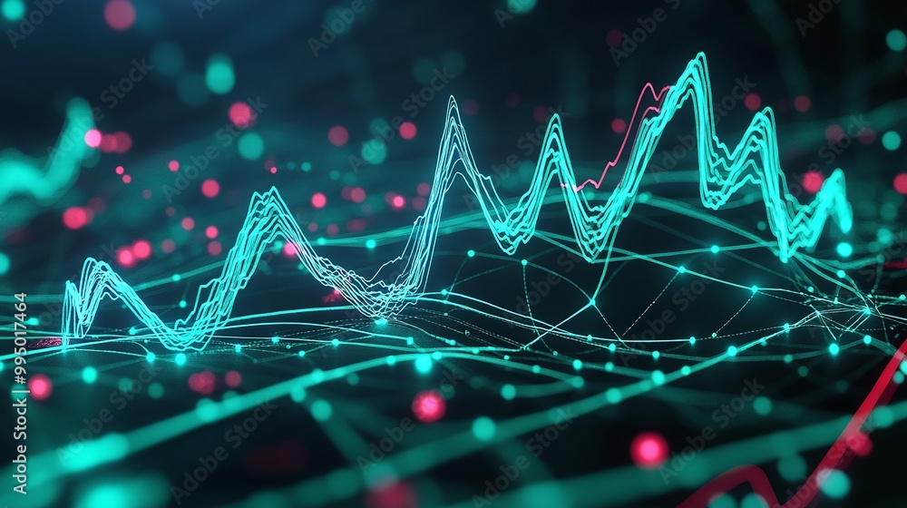 Poster abstract digital visualization of data and analytics with a vibrant color scheme.