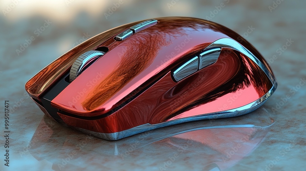 Poster a sleek, reflective red computer mouse on a smooth surface.