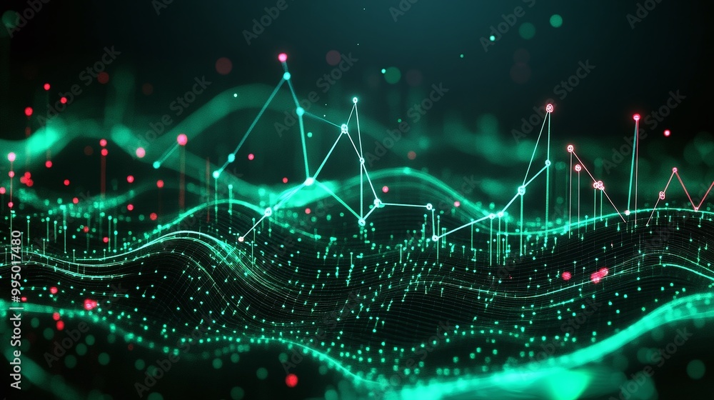Poster abstract digital visualization of data, showcasing dynamic wave patterns and vibrant colors.