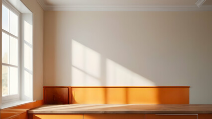 Fototapeta premium Podium mockup featuring an orange kitchen tabletop and sunlight streaming through a window.