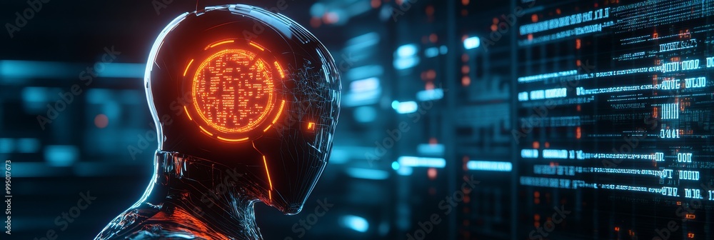 Aufkleber a robotic head with glowing data grids, representing the future of technology and ai.